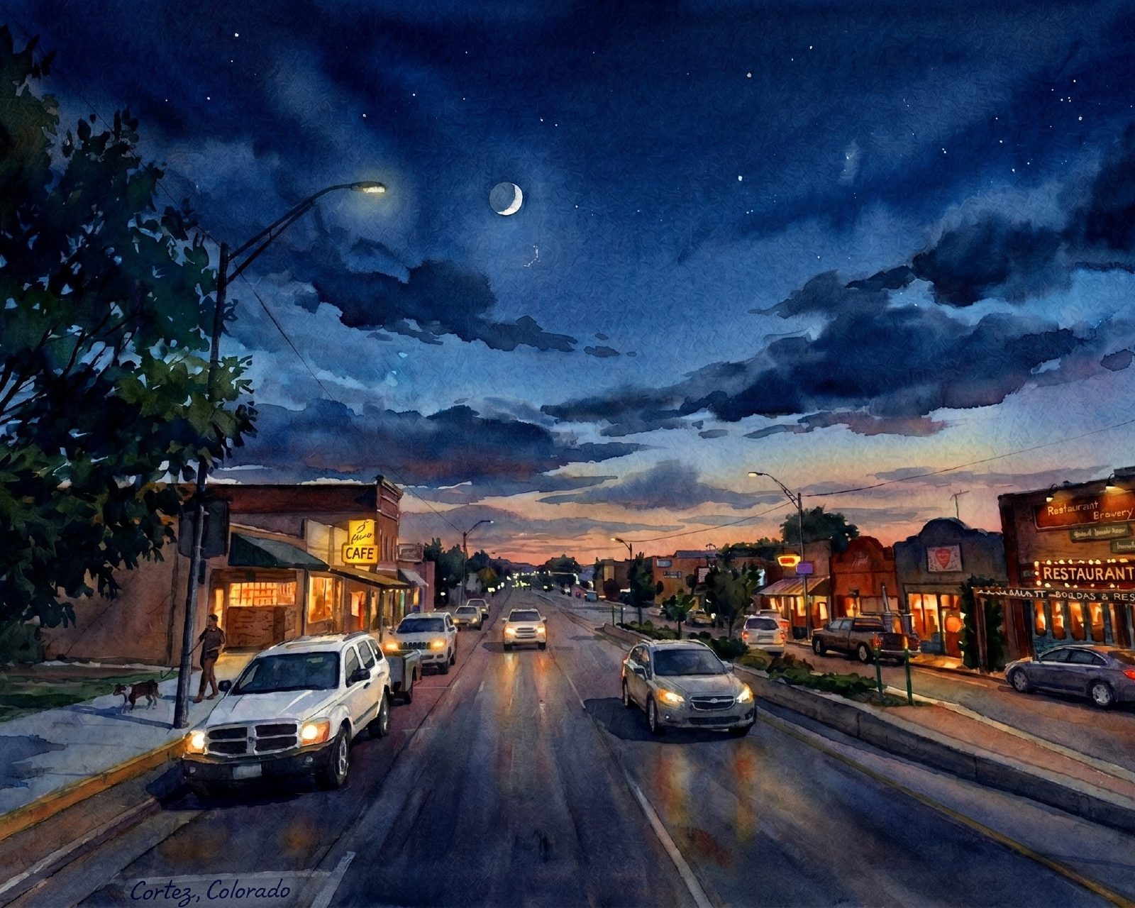A watercolor painting of Main Street in Cortez, Colorado at night under a crescent moon and stars