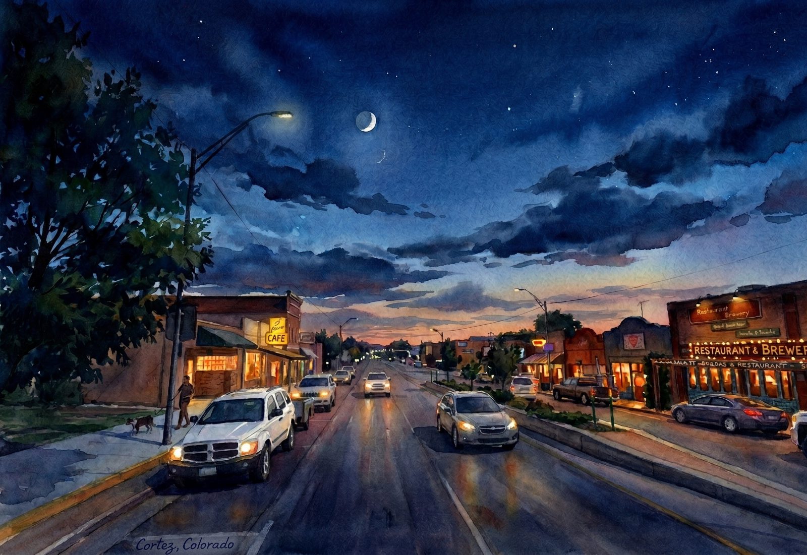 A watercolor painting of Main Street in Cortez, Colorado at night under a crescent moon and stars