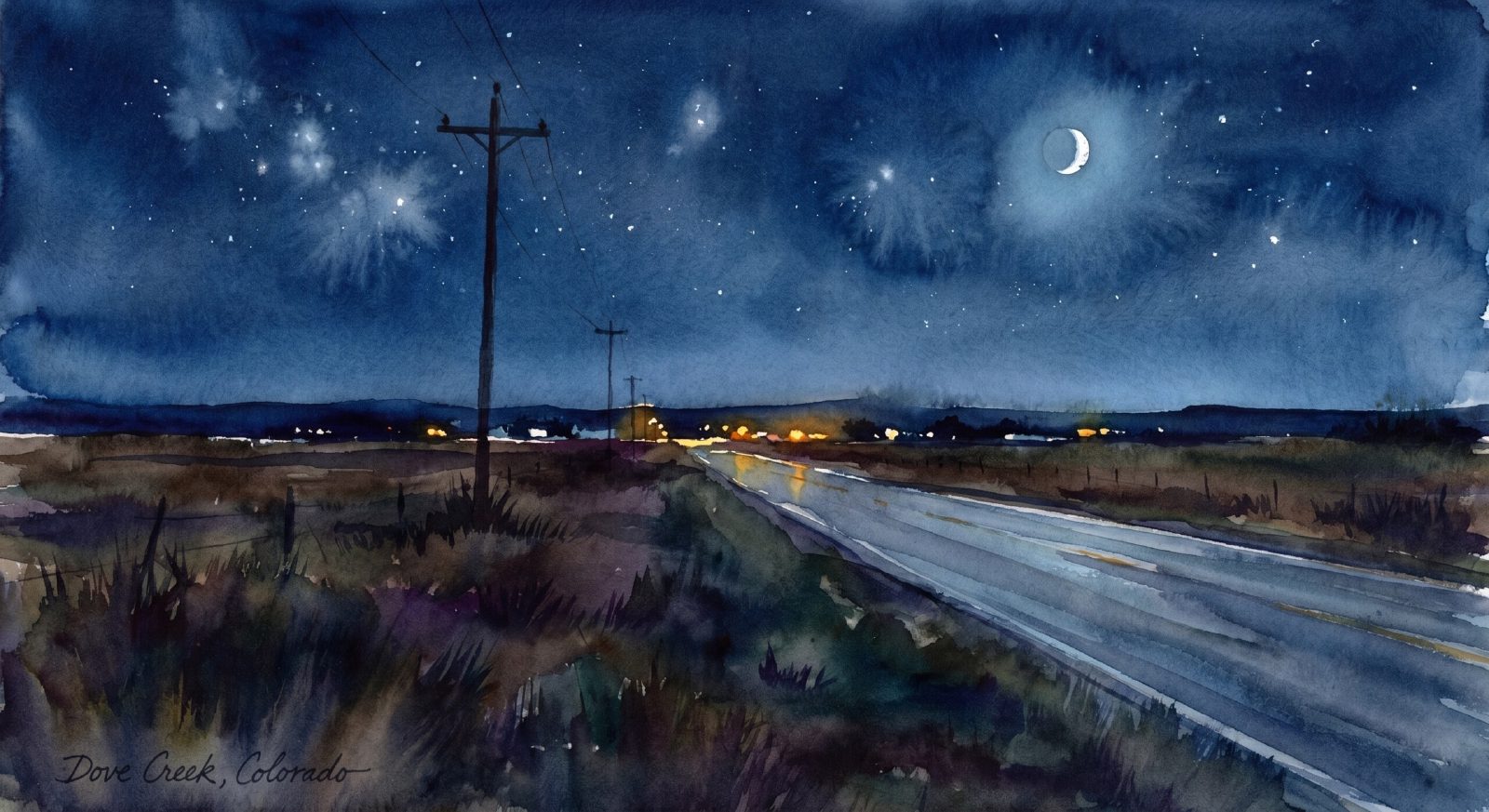 A watercolor painting of a rural highway near Dove Creek, Colorado at night under a crescent moon and starry sky, distant town lights ahead