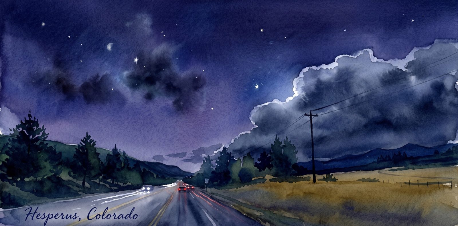 A watercolor painting of a highway near Hesperus, Colorado at night, car taillights on a wet road beneath towering clouds and a starry sky