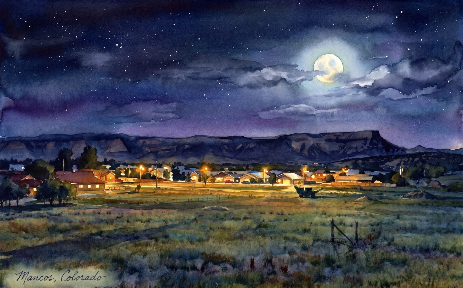 A watercolor painting of Mancos, Colorado at night, town lights below Mesa Verde under a full moon and starry sky