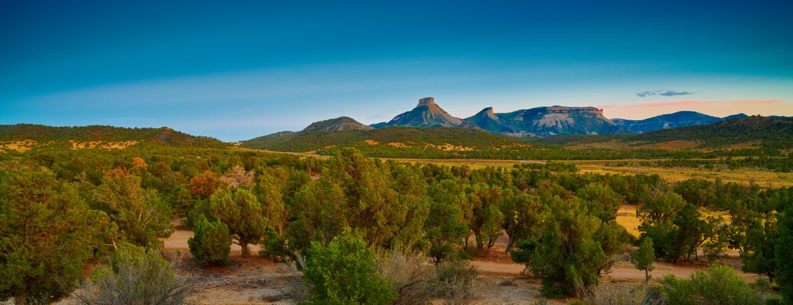 The Mancos Valley and the peaks above Mesa Verde at golden hour in Southwest Colorado