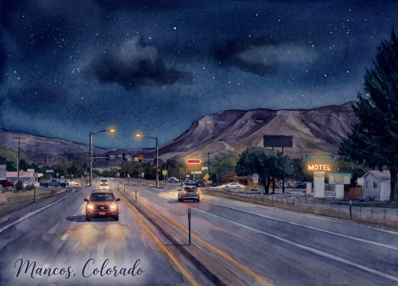 A watercolor painting of Main Street in Mancos, Colorado at night under a starry sky